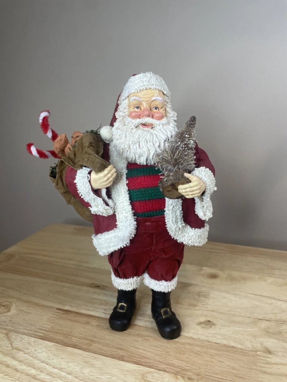 Vintage 1990s Fabric Mache Santa Claus Figure Tree Sack Squirrel Christmas Decor